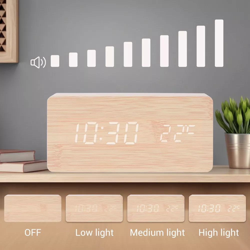 Wood Grain Voice Activated Digital Alarm Clock with Adjustable Brightness